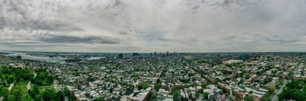 Aerial panorama across Baltimore and its surrounding neighbourhoods